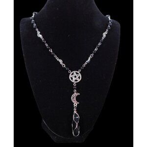 Silver Pentacle Necklace With Crescent Moon & Crystal Pendant Beaded Chain With